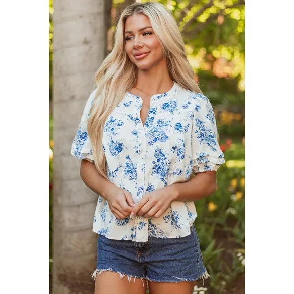 Sky Blue Floral Tiered Puff Short Sleeve Pleated Bust Buttoned Shirt Size Small - Picture 1 of 3